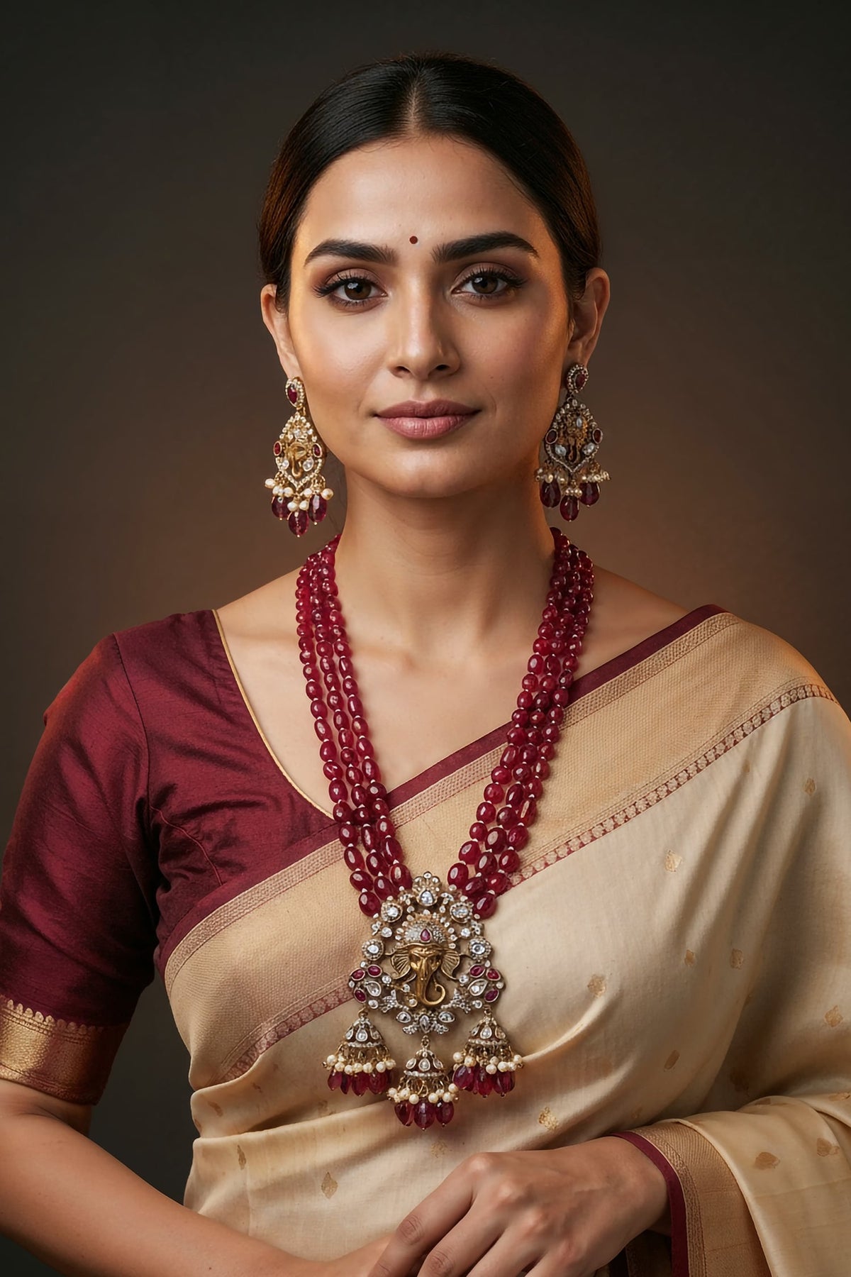 Ganesha Ruby Bead & Pearl Layered Necklace Set 