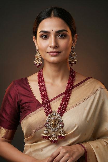 Ganesha Ruby Bead & Pearl Layered Necklace Set 