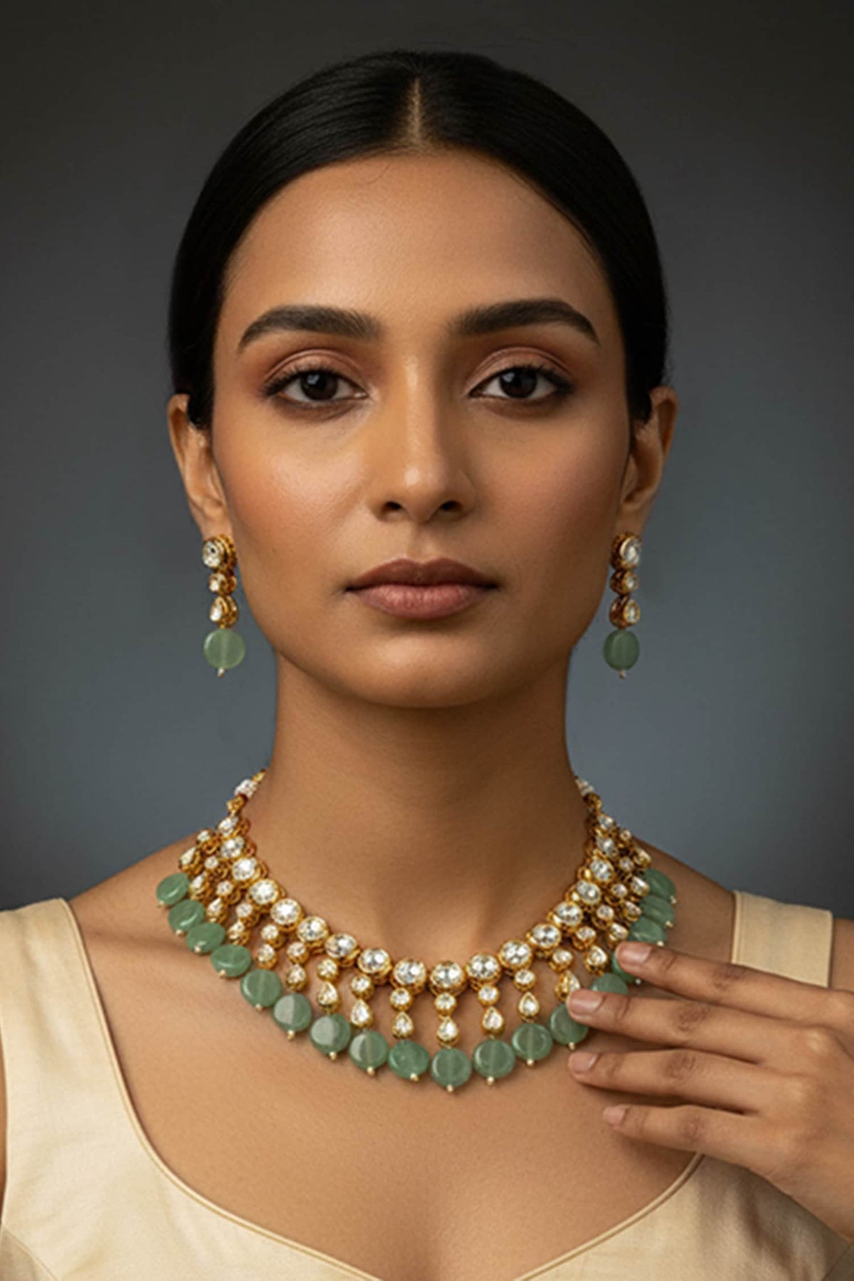 Kundan & Green Beaded Necklace Set 
