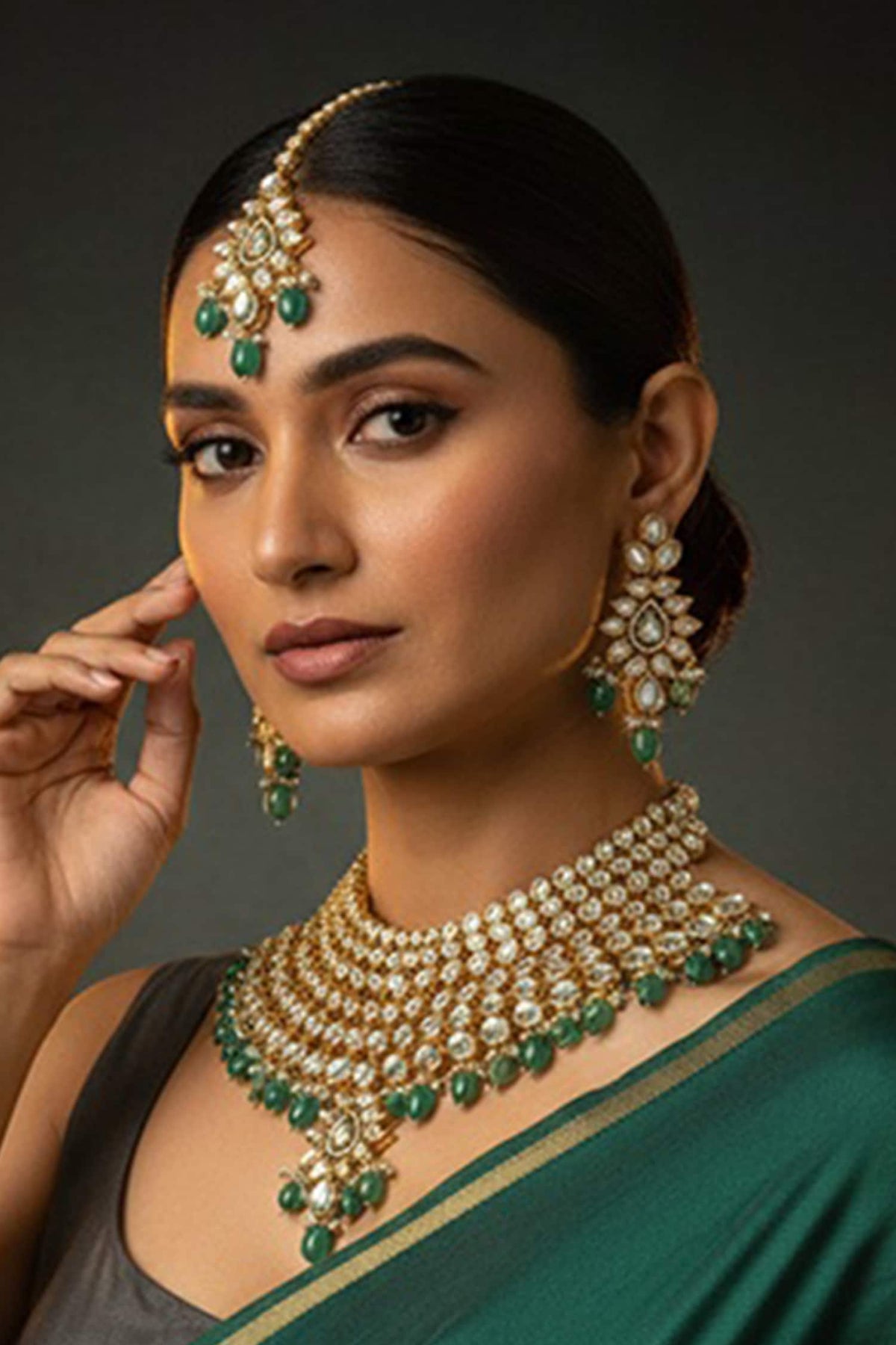 Kundan Setting & Green Bead Necklace Set 