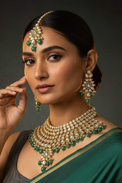 Kundan Setting & Green Bead Necklace Set 