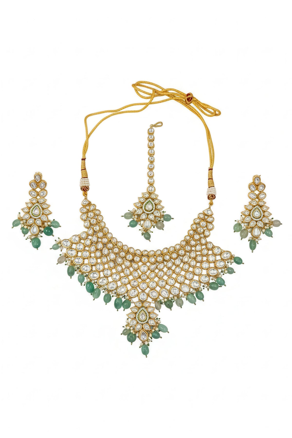 Kundan Setting & Green Bead Necklace Set 