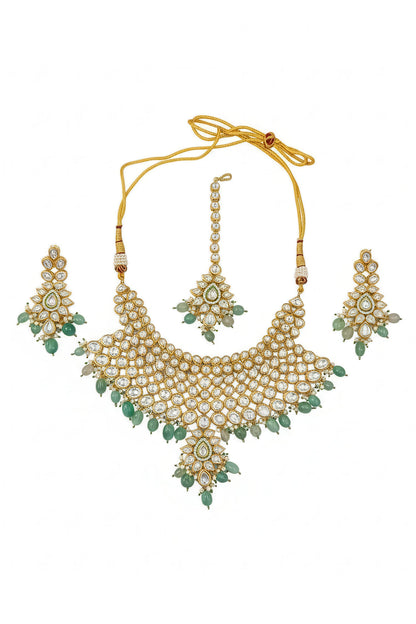 Kundan Setting & Green Bead Necklace Set 
