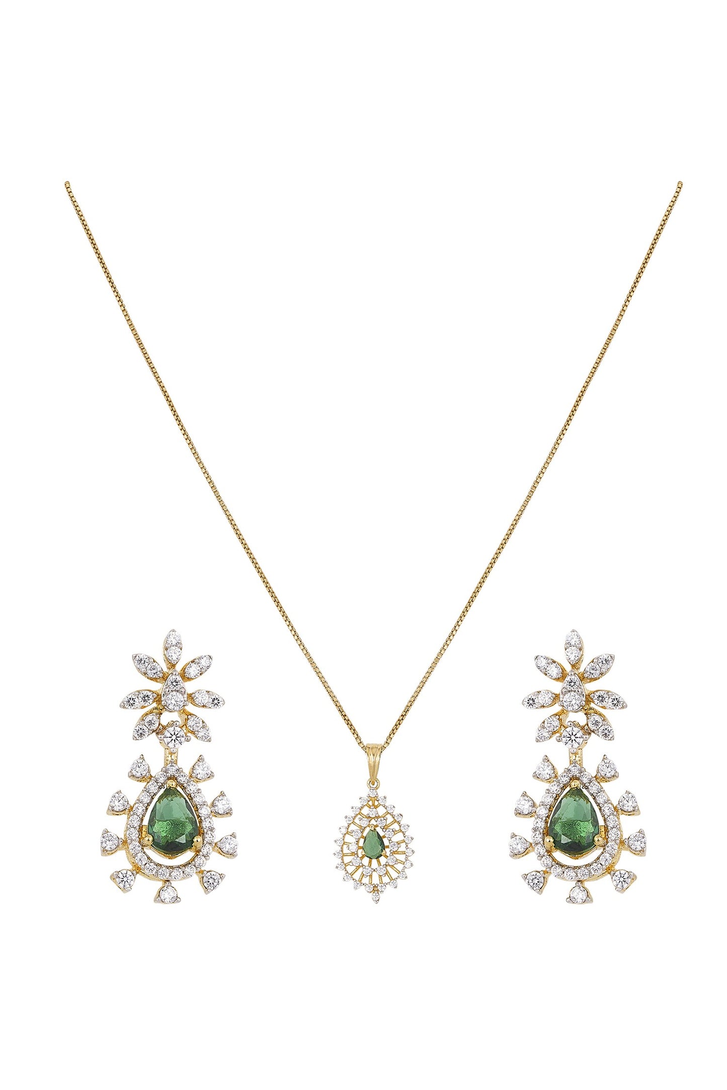 Kaveri Green Stone Studded Pendant & Earring Set 
