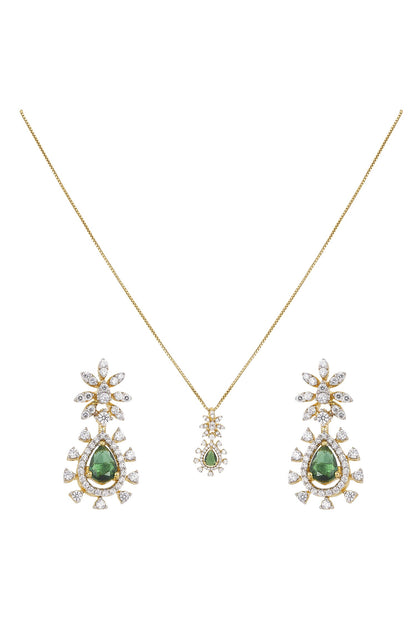 Veera Pendant Set with Green Stone & CZ 