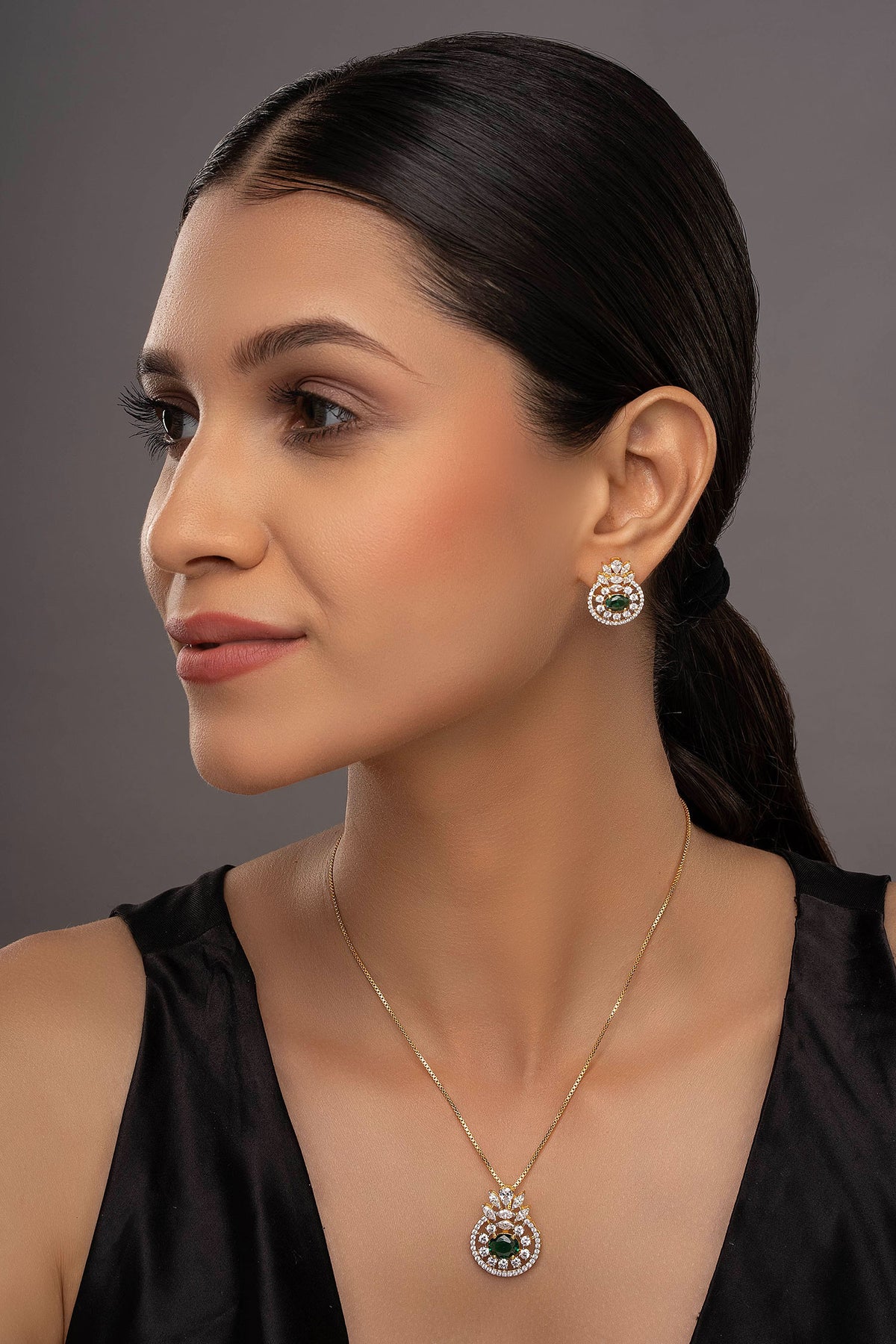 Urmi Stone Embellished Pendant  Chain & Earring Set 