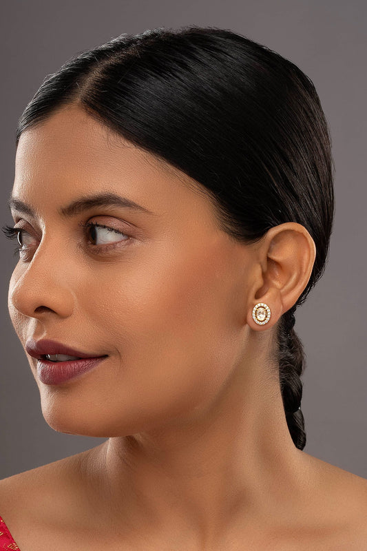 Ziya Oval Stone & CZ Stud Earrings 