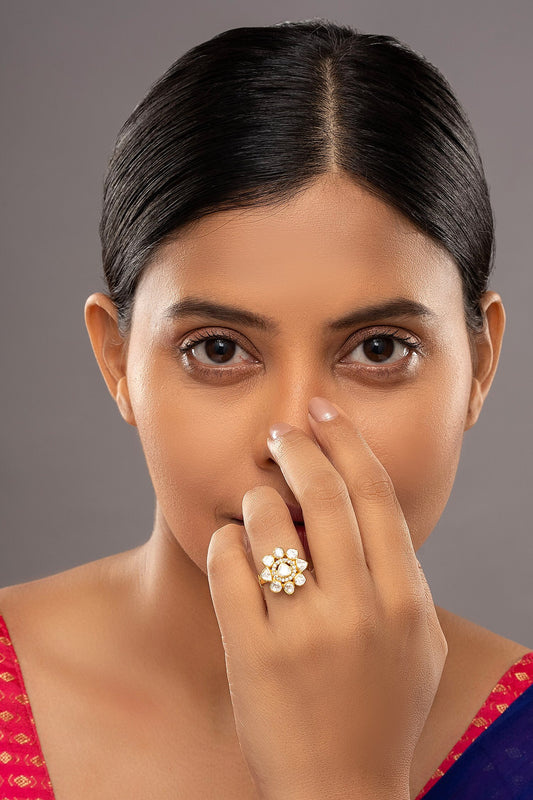 Solika Kundan & Zircon Embellished Floral Ring 