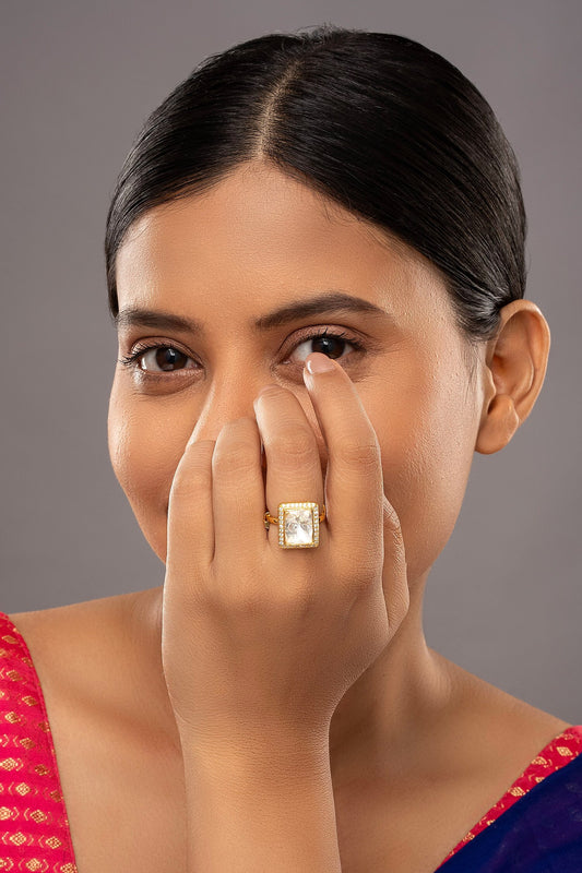 Navira Gold Plated Square Stone Ring 