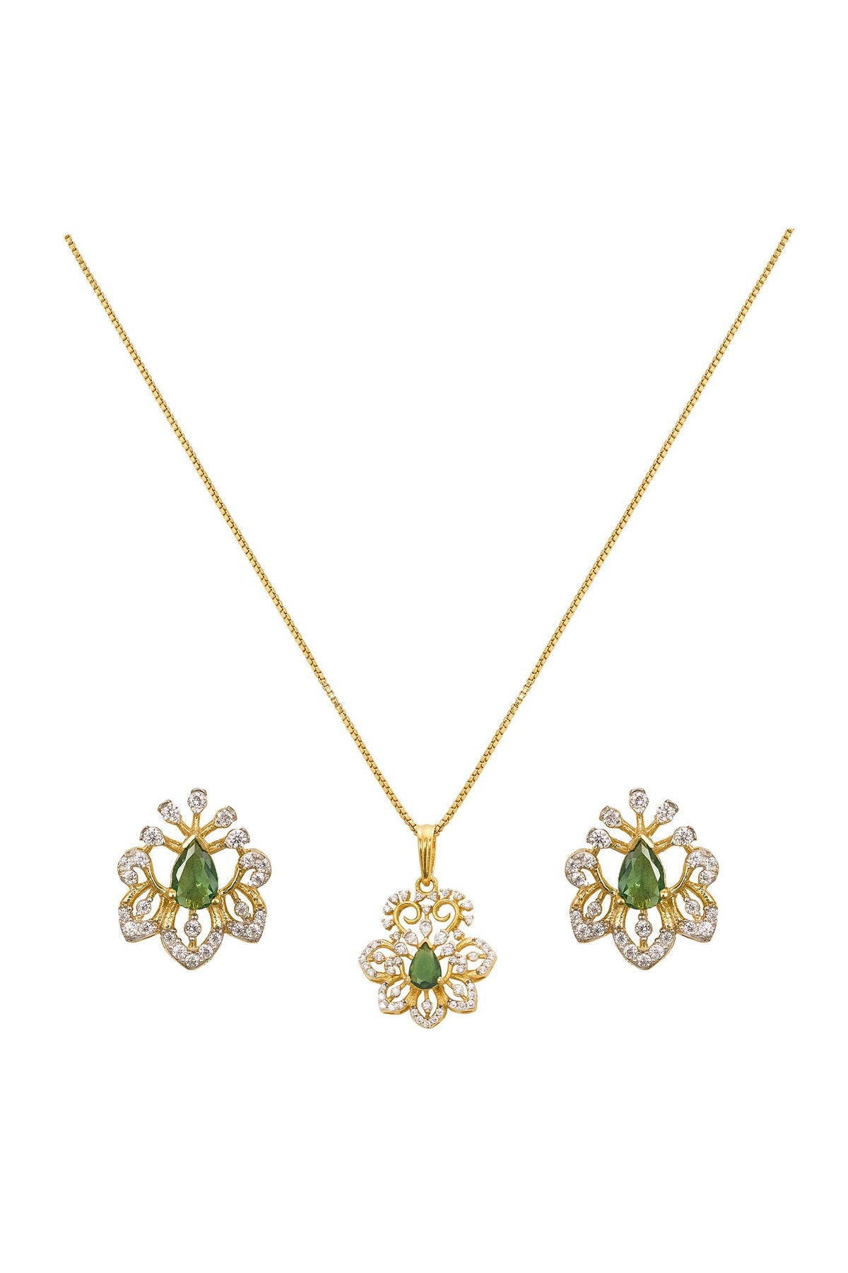 Shreena Floral Motif Pendant Set With Chain & Earrings 