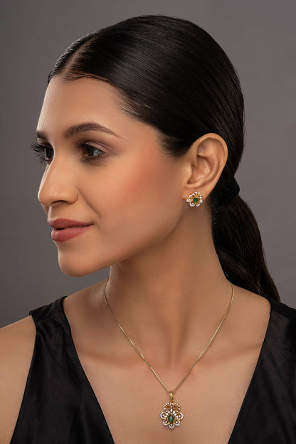 Shreena Floral Motif Pendant Set With Chain & Earrings 