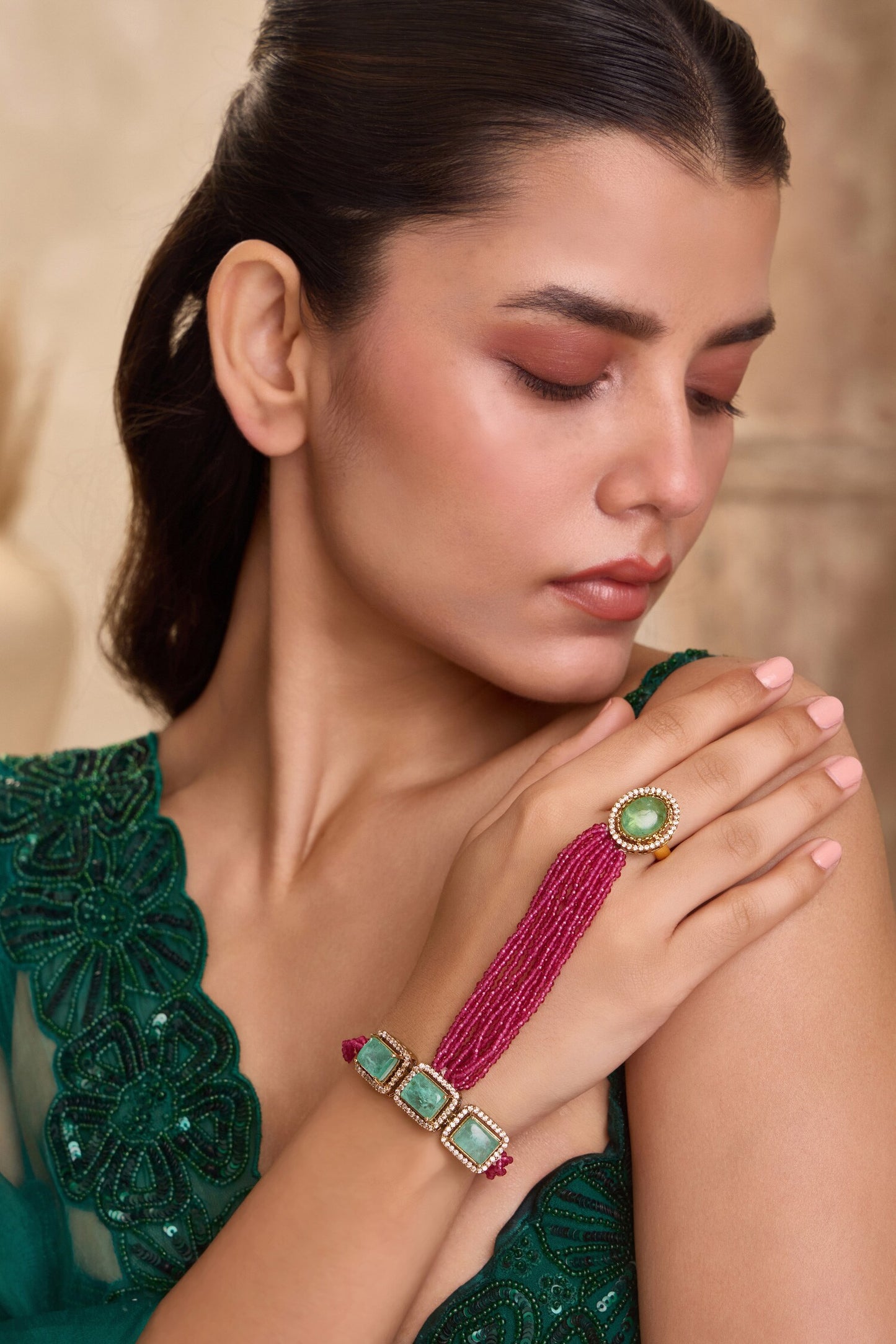 Pink Embellished Hathphool Bracelet 