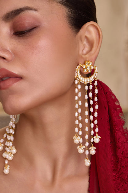 Kundan Pearls Tassel Crescent Earrings 
