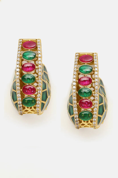 Kundan & Enamel Stone Embellished Hoop Earrings 
