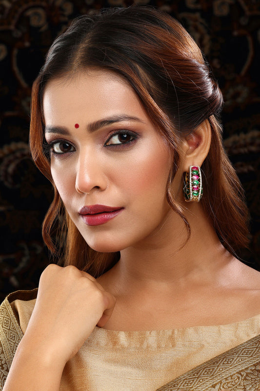 Kundan & Enamel Stone Embellished Hoop Earrings 