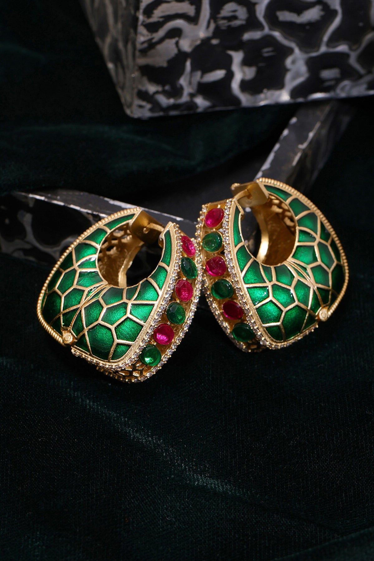 Kundan & Enamel Stone Embellished Hoop Earrings 