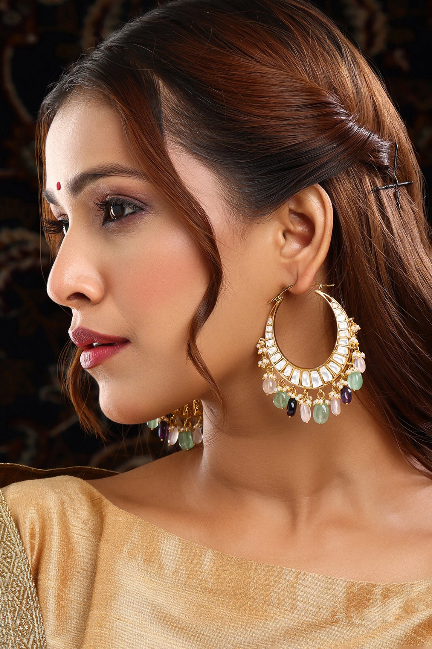 Kundan & Stone Embellished Hoop Earrings 