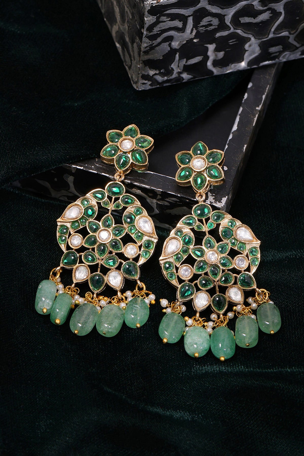 Kundan & Green Stone Drop Earrings 
