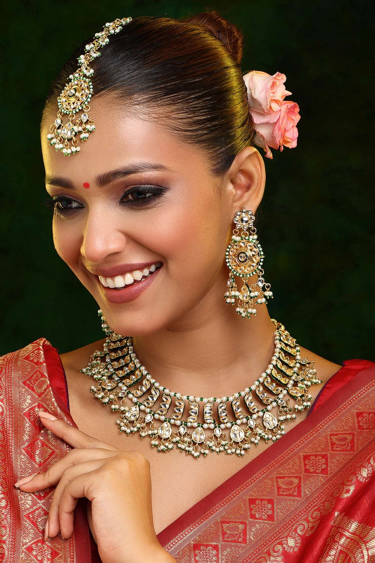 Kundan Embellished Necklace Set With Tikka 