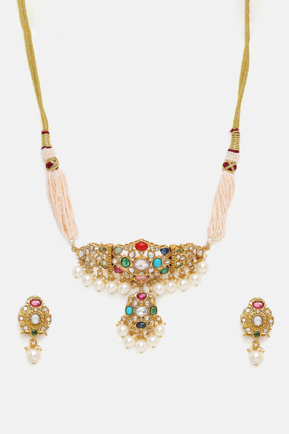 Kundan Stone & Pearl Embellished Choker Set 