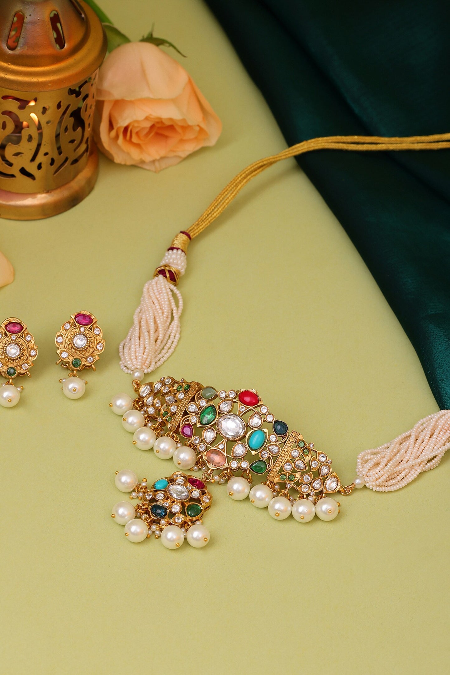 Kundan Stone & Pearl Embellished Choker Set 