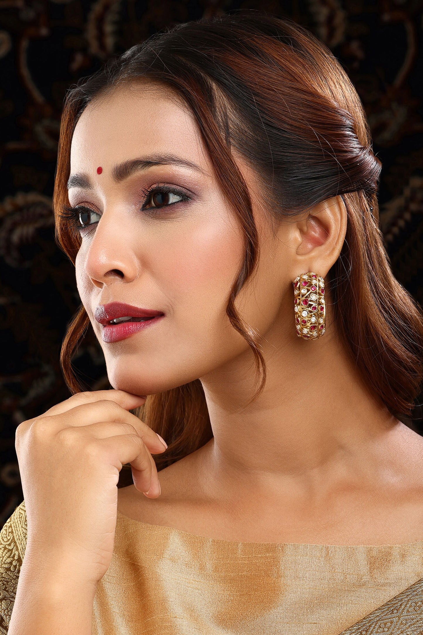 Kundan & Stone Embellished Hoop Earrings 
