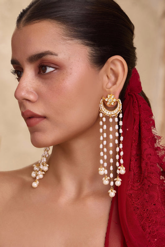 Kundan Pearls Tassel Crescent Earrings 