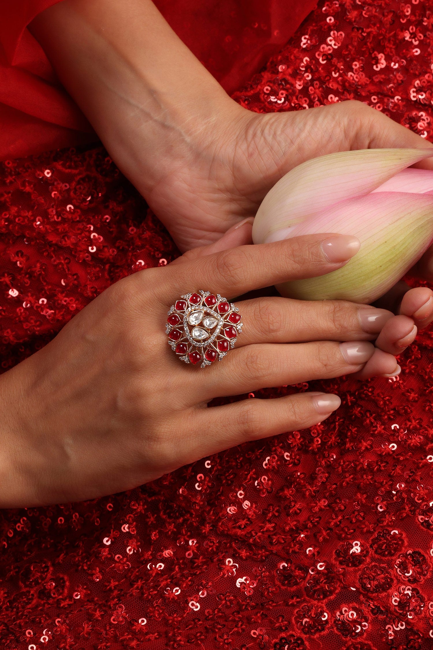 Ruby And Polki Embellished Ring 