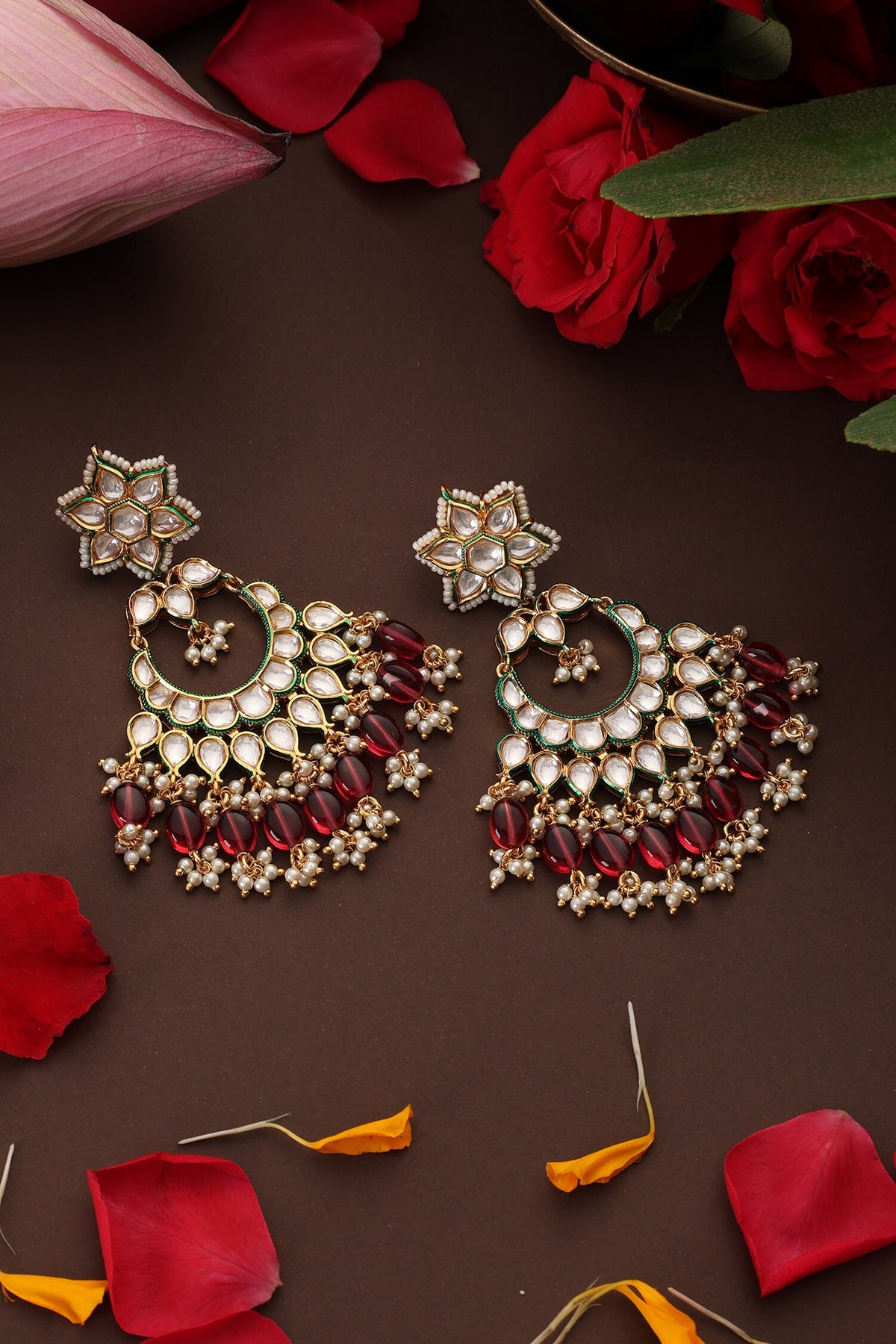 Red Gold Plated Polki Chandbalis 