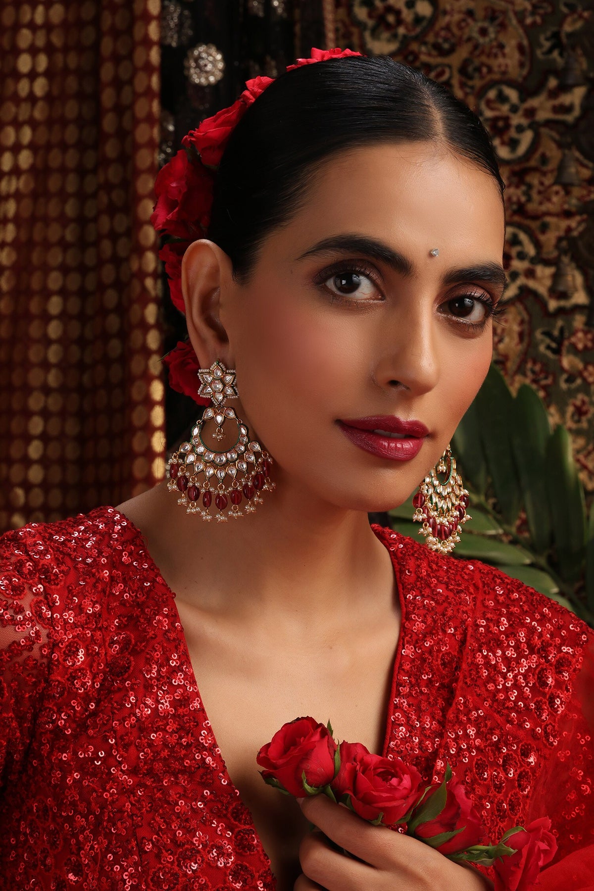 Red Gold Plated Polki Chandbalis 