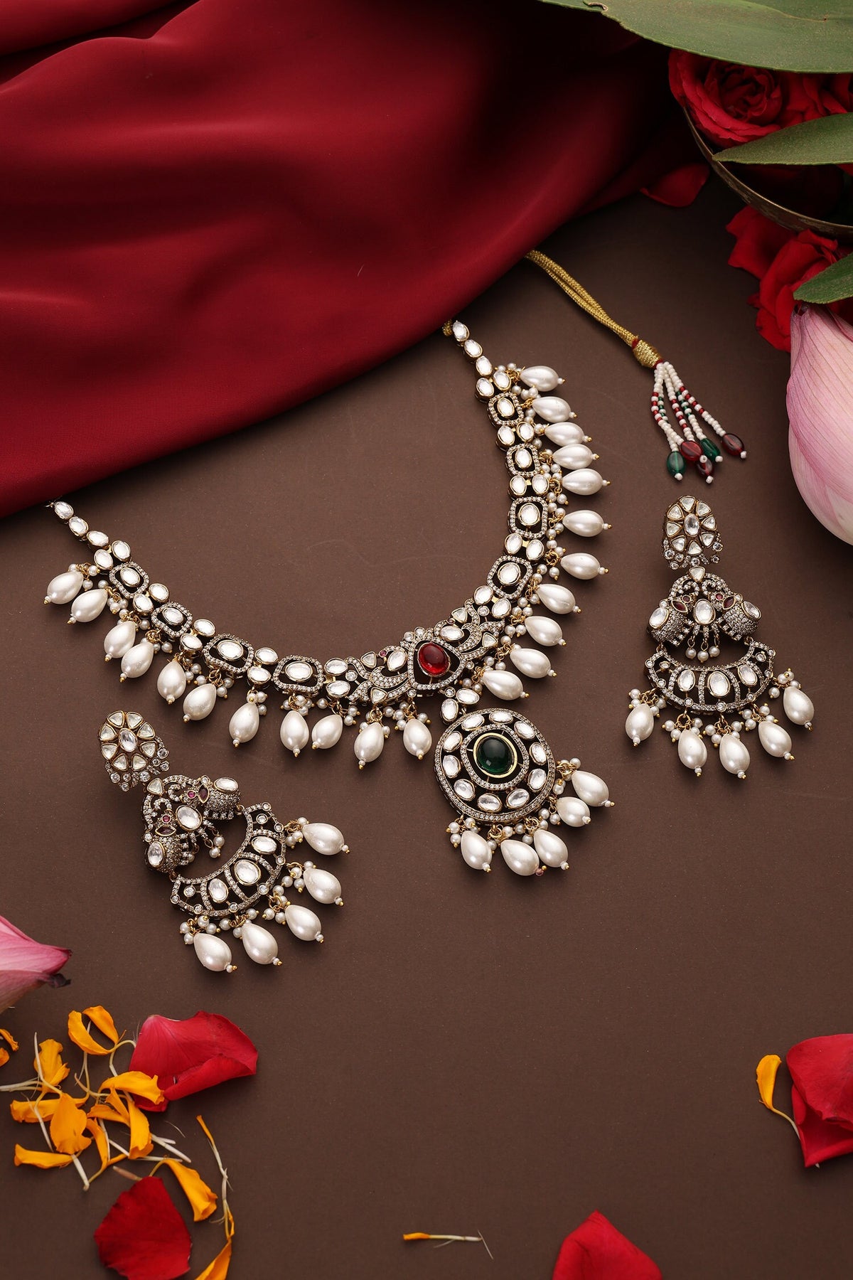 Ruby Gold Plated Polki Pendant Necklace Set 
