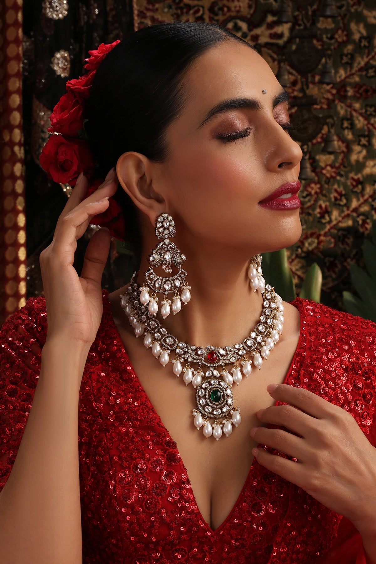 Ruby Gold Plated Polki Pendant Necklace Set 