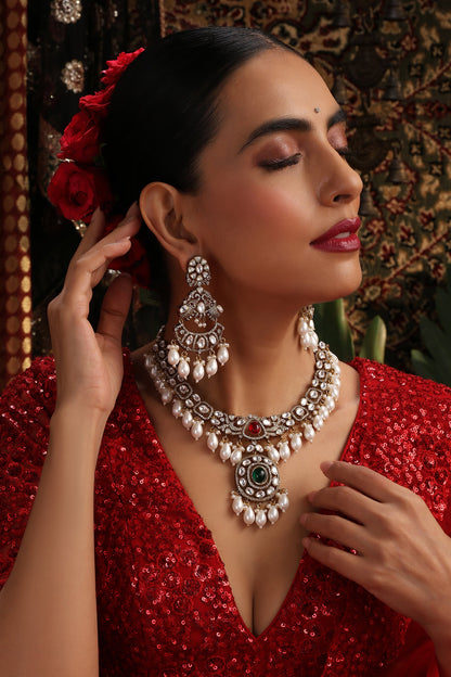 Ruby Gold Plated Polki Pendant Necklace Set 