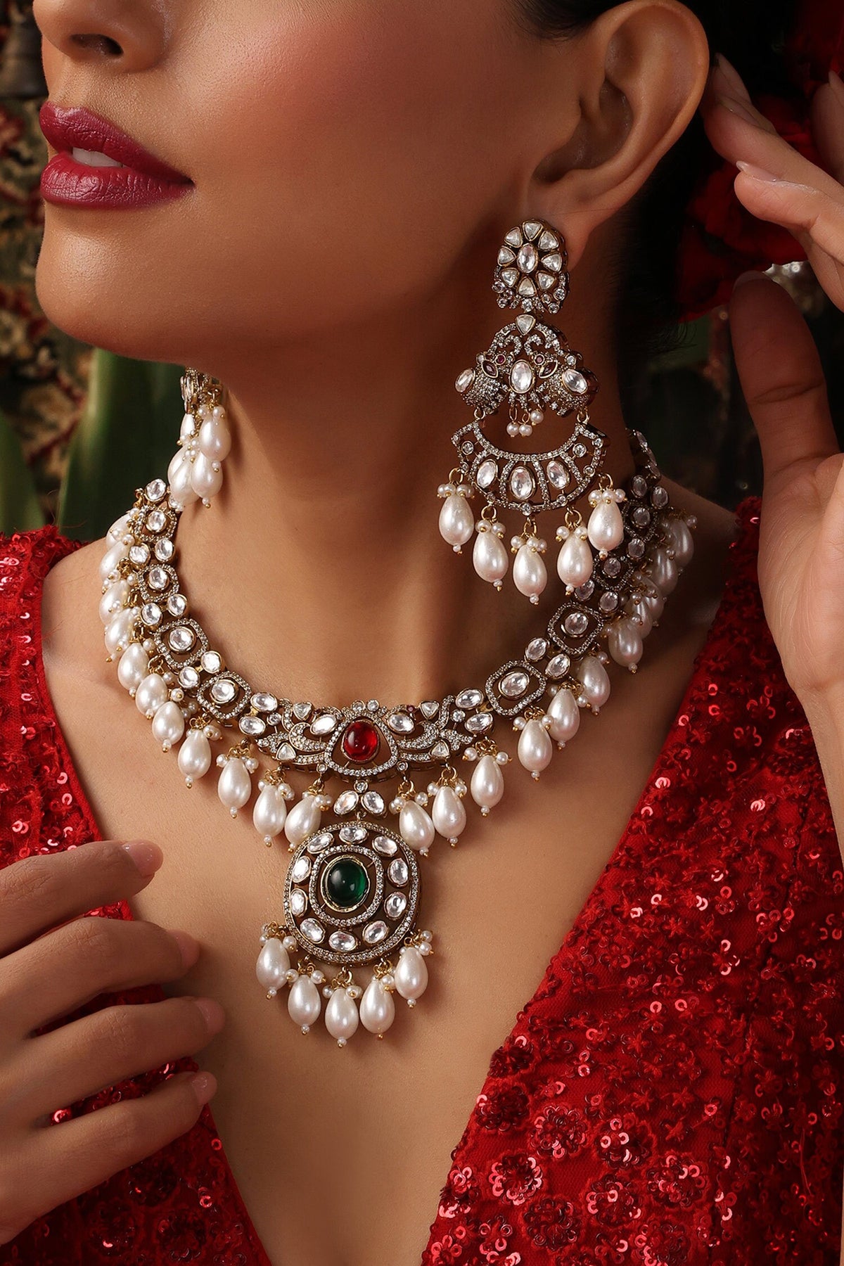 Ruby Gold Plated Polki Pendant Necklace Set 
