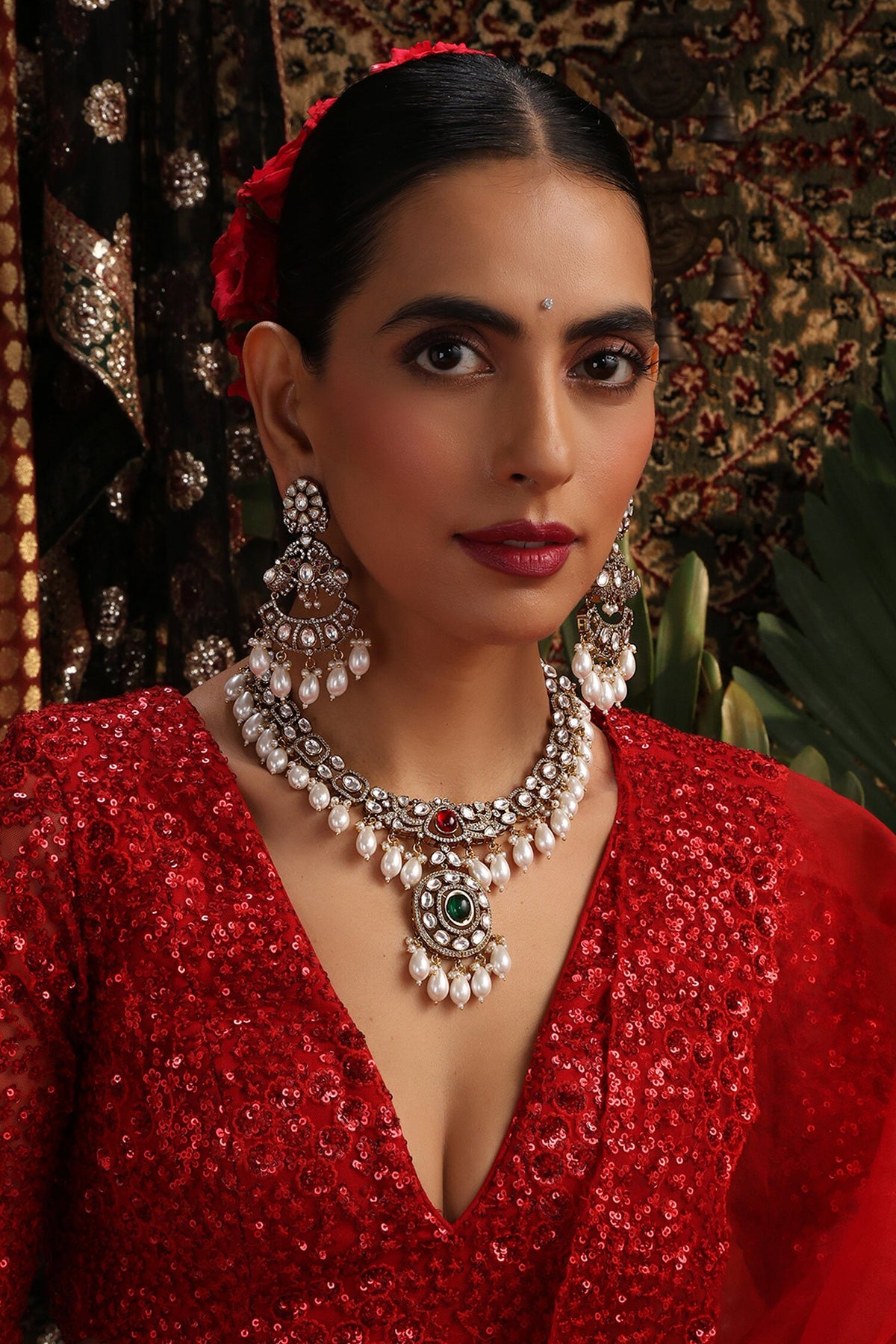 Ruby Gold Plated Polki Pendant Necklace Set 
