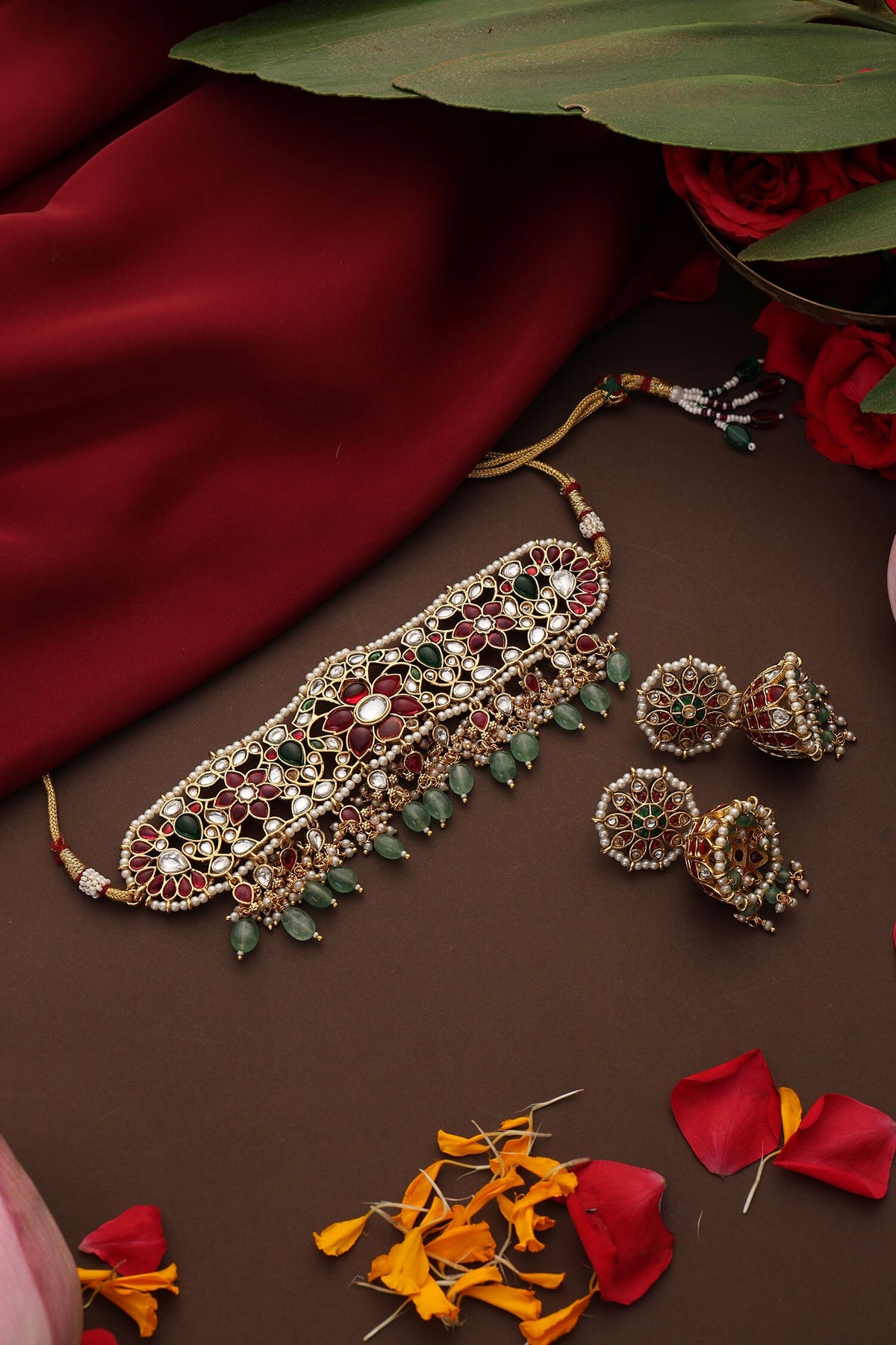 Multicolor Gold Plated Jadau Choker Set 