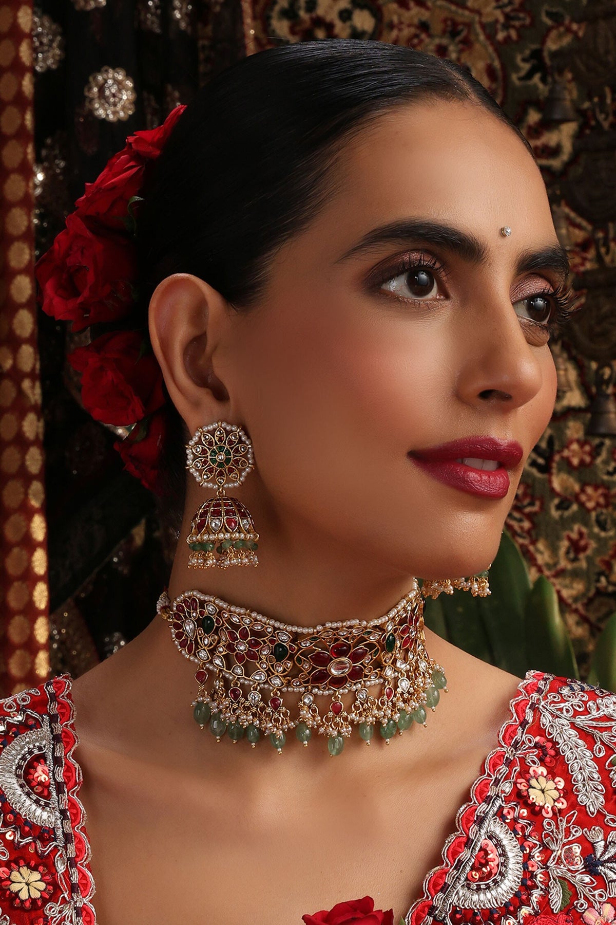 Multicolor Gold Plated Jadau Choker Set 