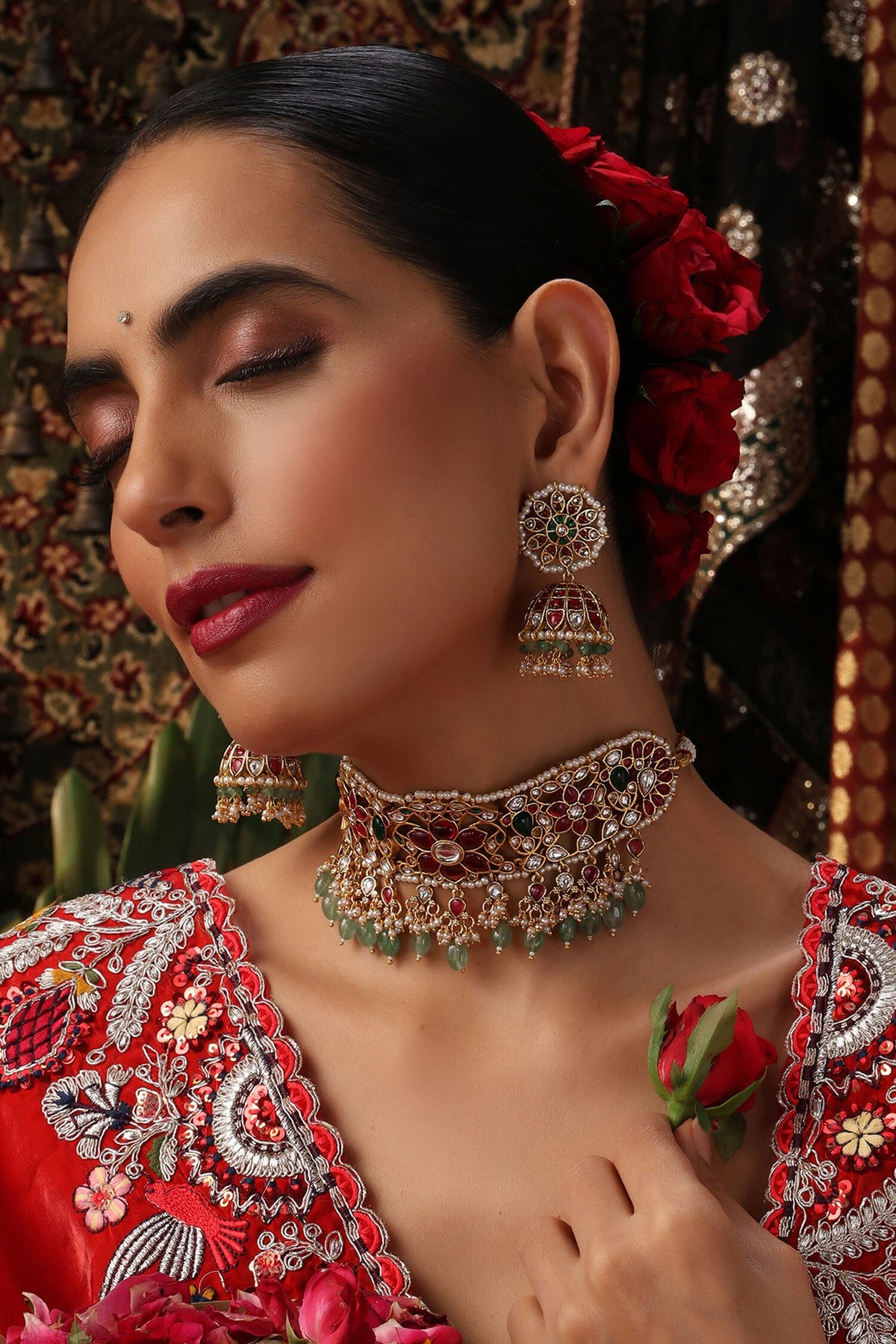 Multicolor Gold Plated Jadau Choker Set 