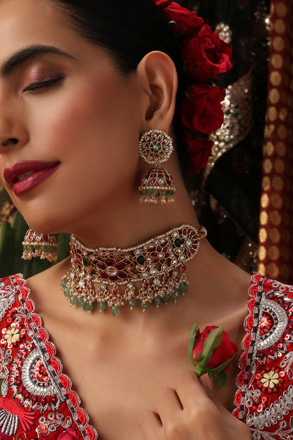 Multicolor Gold Plated Jadau Choker Set 