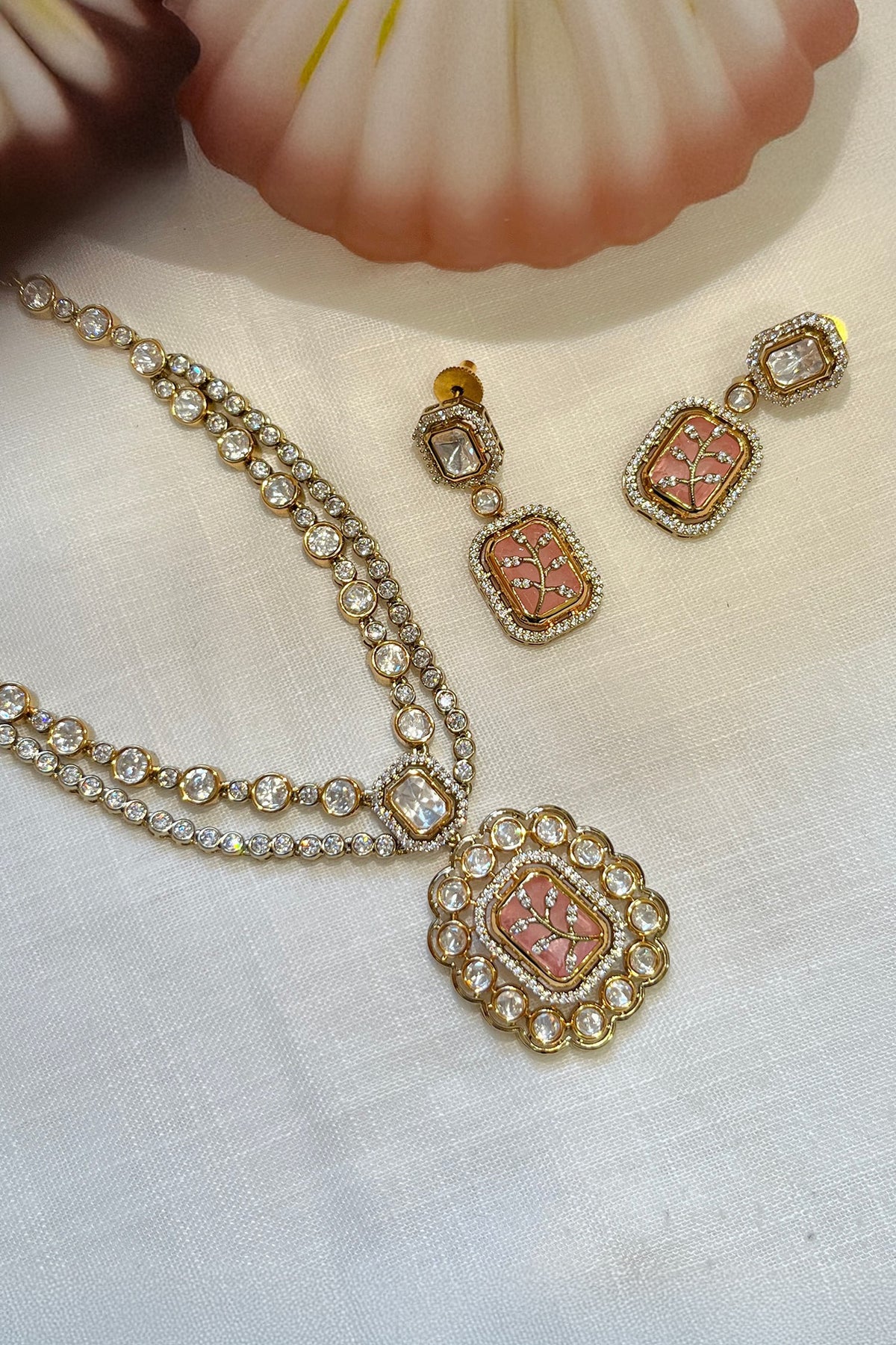 Polki Floral Charm Pendant Necklace Set 