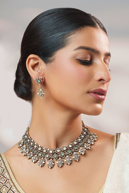 Two Tone Kundan Polki Stone Necklace Set 
