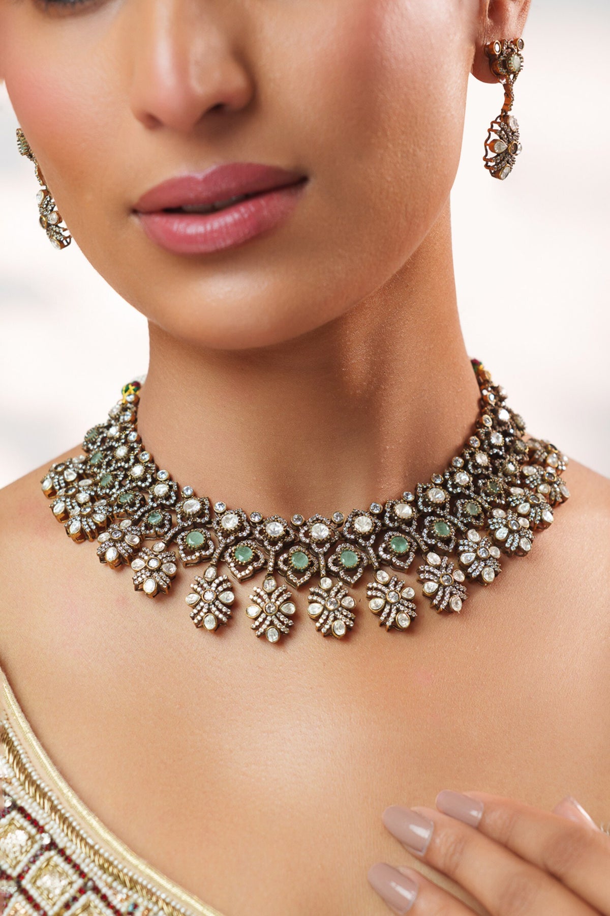 Two Tone Kundan Polki Stone Necklace Set 