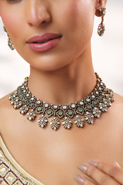 Two Tone Kundan Polki Stone Necklace Set 