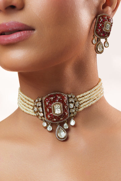 Two Tone Polki Pendant Choker Set 