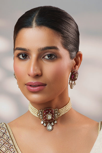 Two Tone Polki Pendant Choker Set 