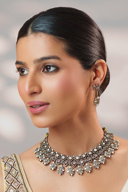 Two Tone Kundan Polki Stone Necklace Set 