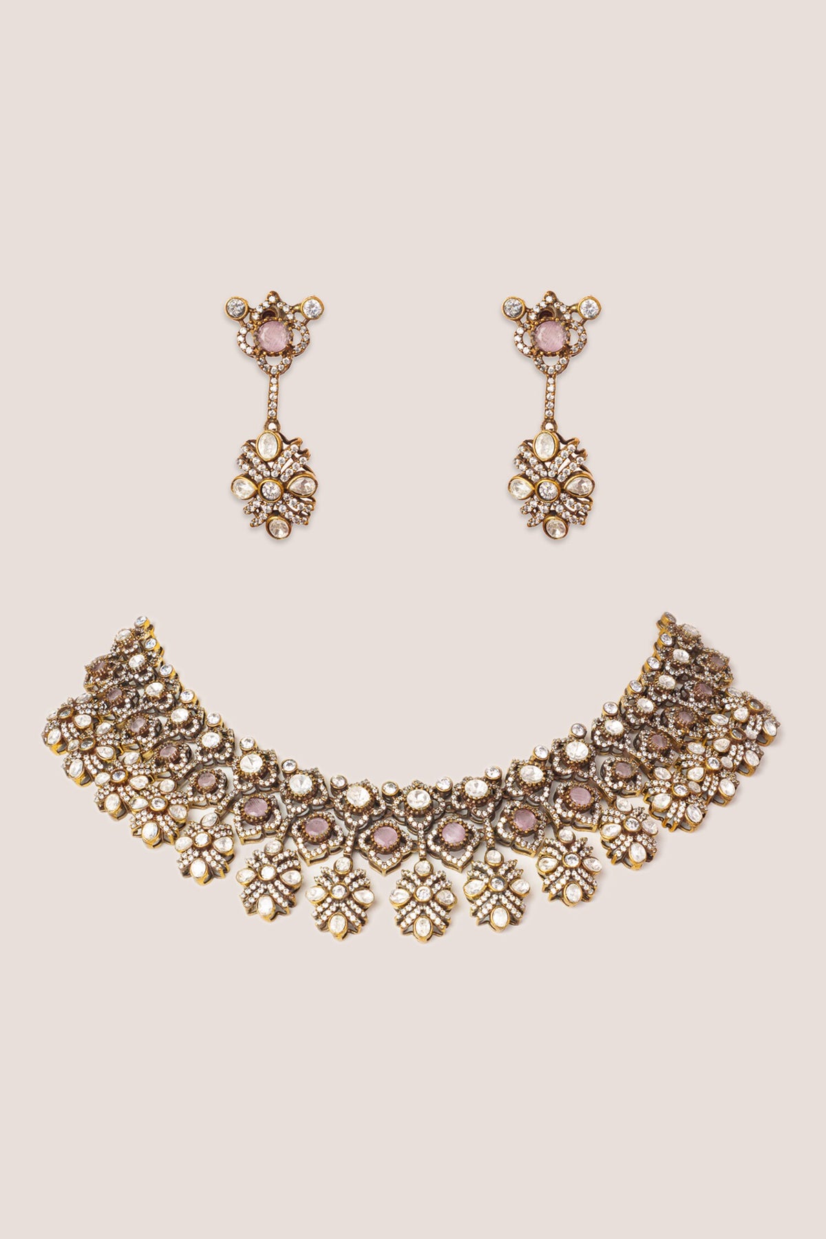Two Tone Kundan Polki Stone Necklace Set 