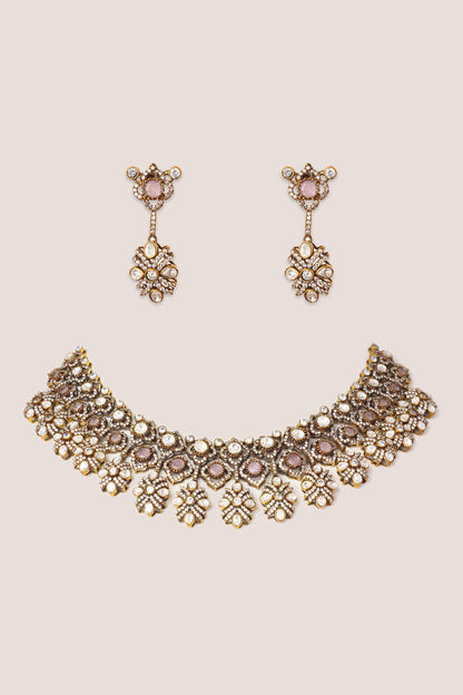Two Tone Kundan Polki Stone Necklace Set 
