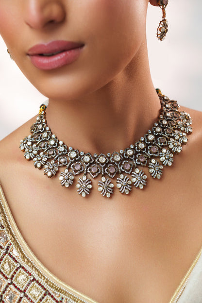 Two Tone Kundan Polki Stone Necklace Set 