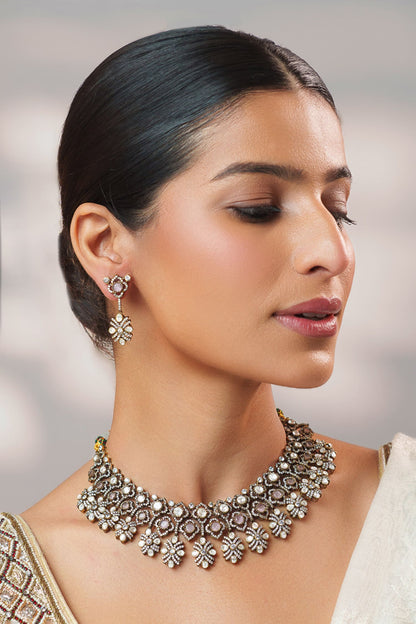 Two Tone Kundan Polki Stone Necklace Set 